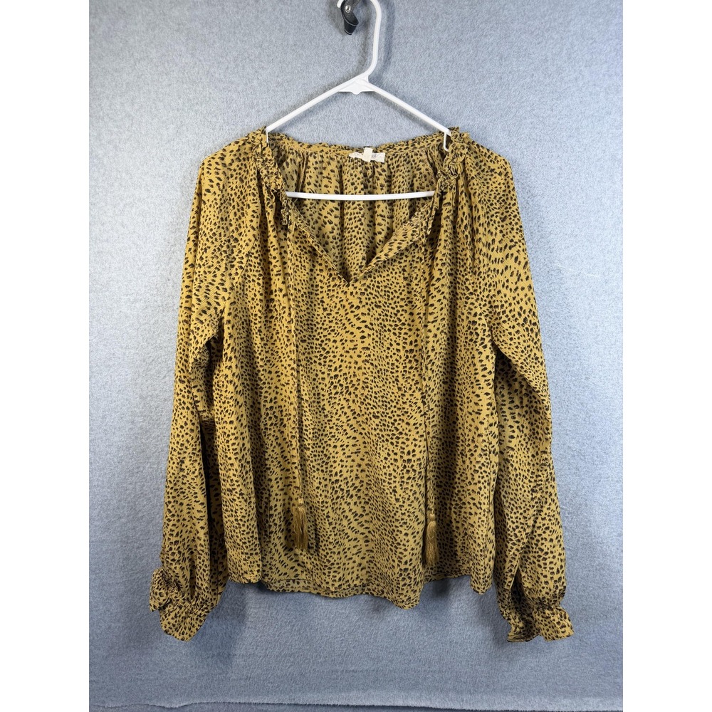 Mystree Blouse Womens Medium Yellow Animal Print Tassel V Neck Long Sleeve Top